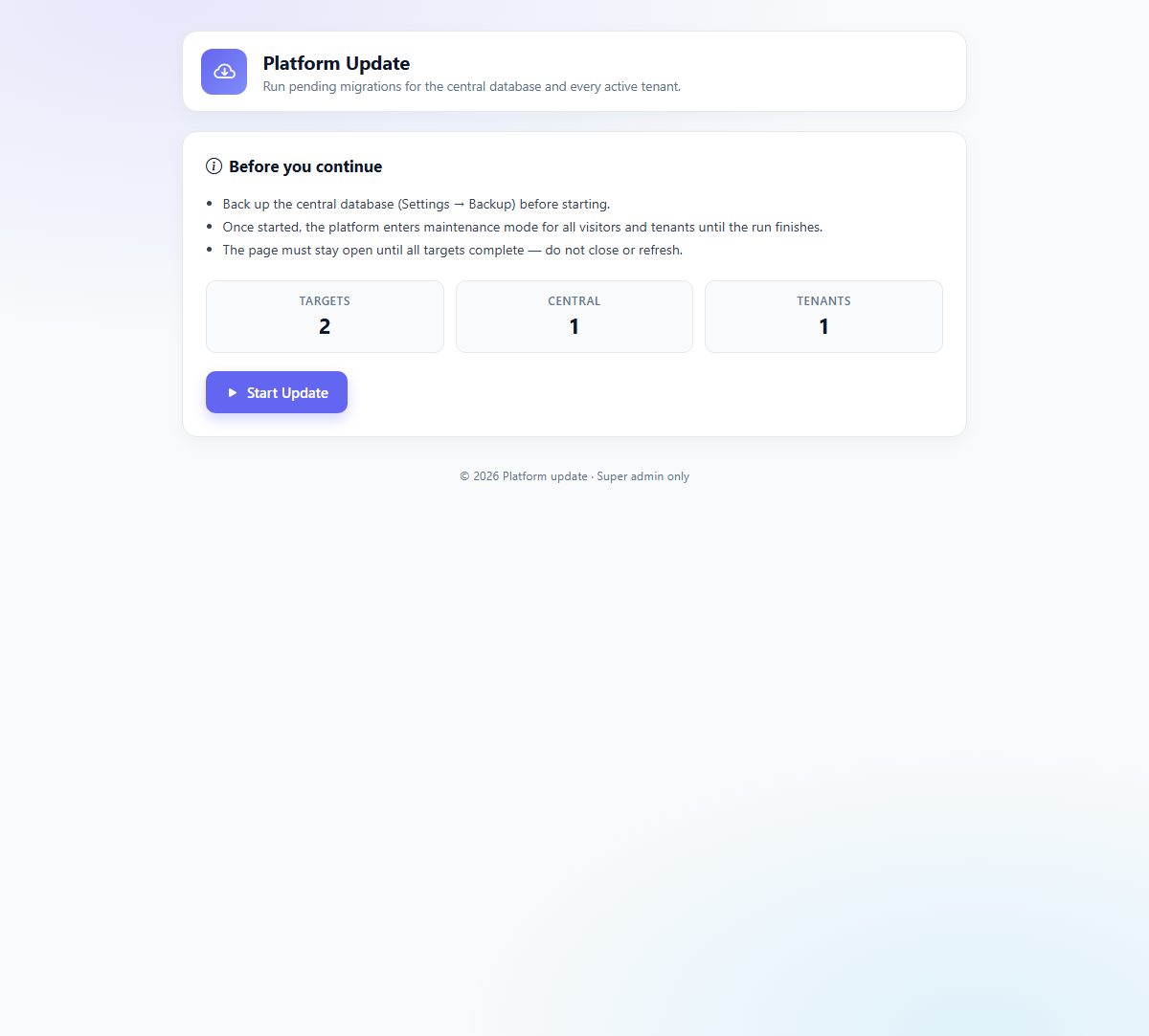 The platform update page