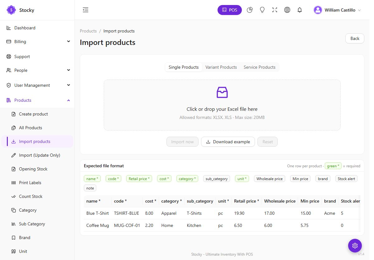 Import products page