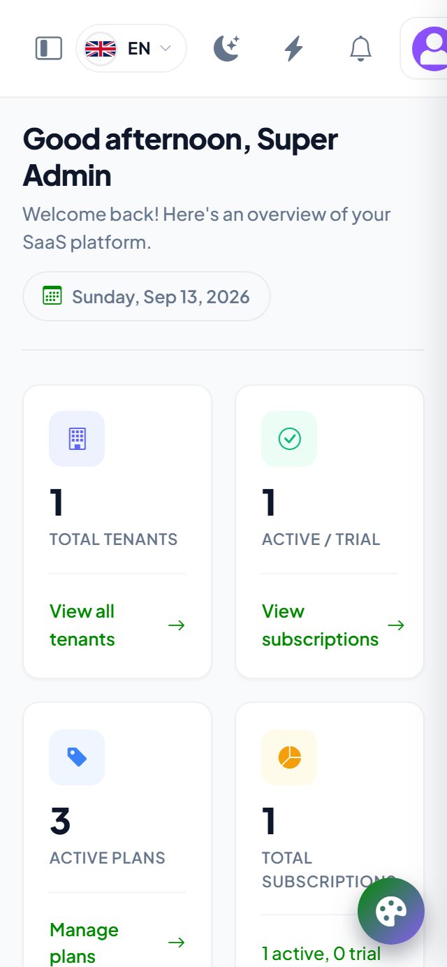 The super admin panel on a phone