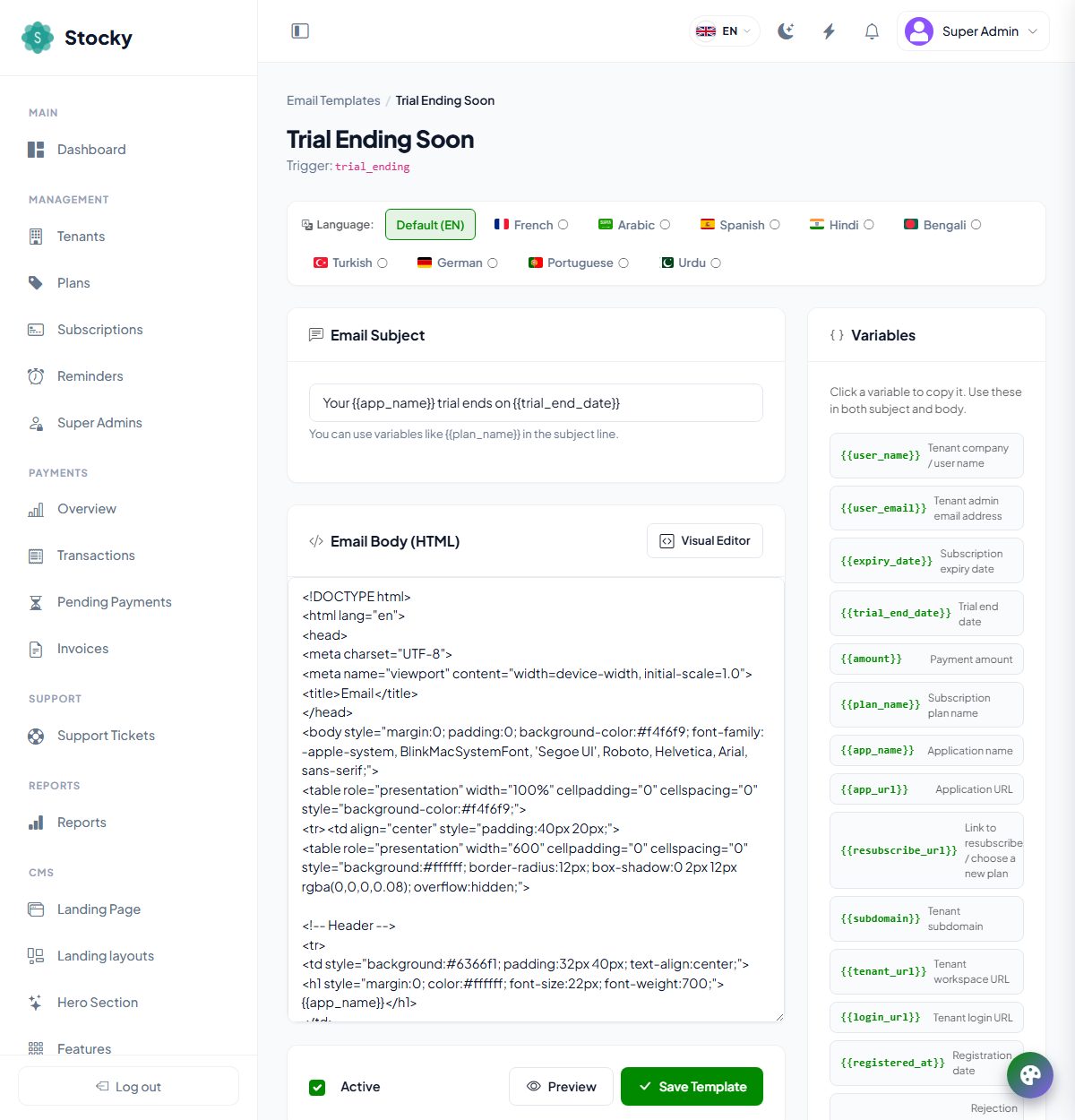 Editing an email template