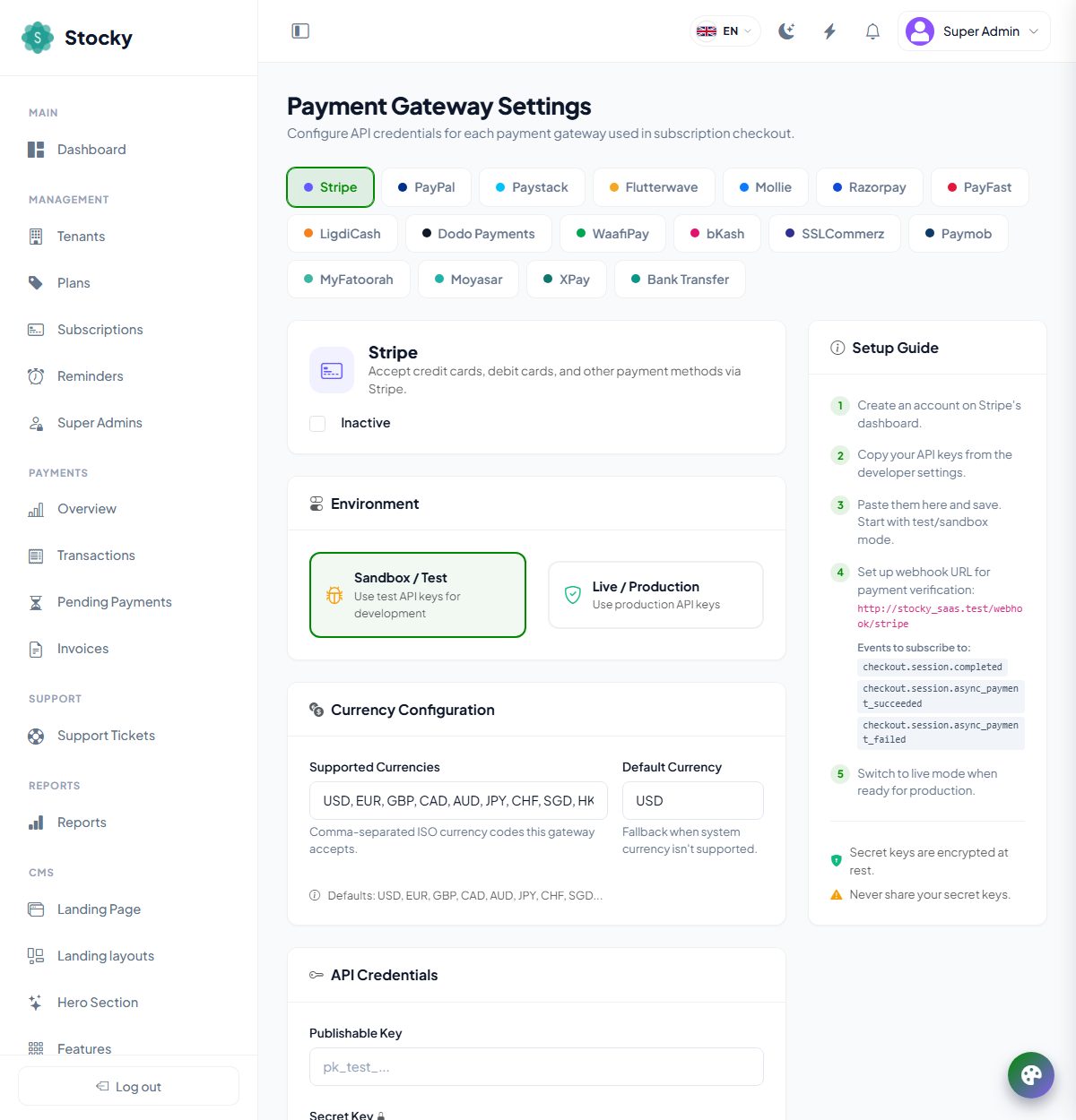 Payment gateway settings