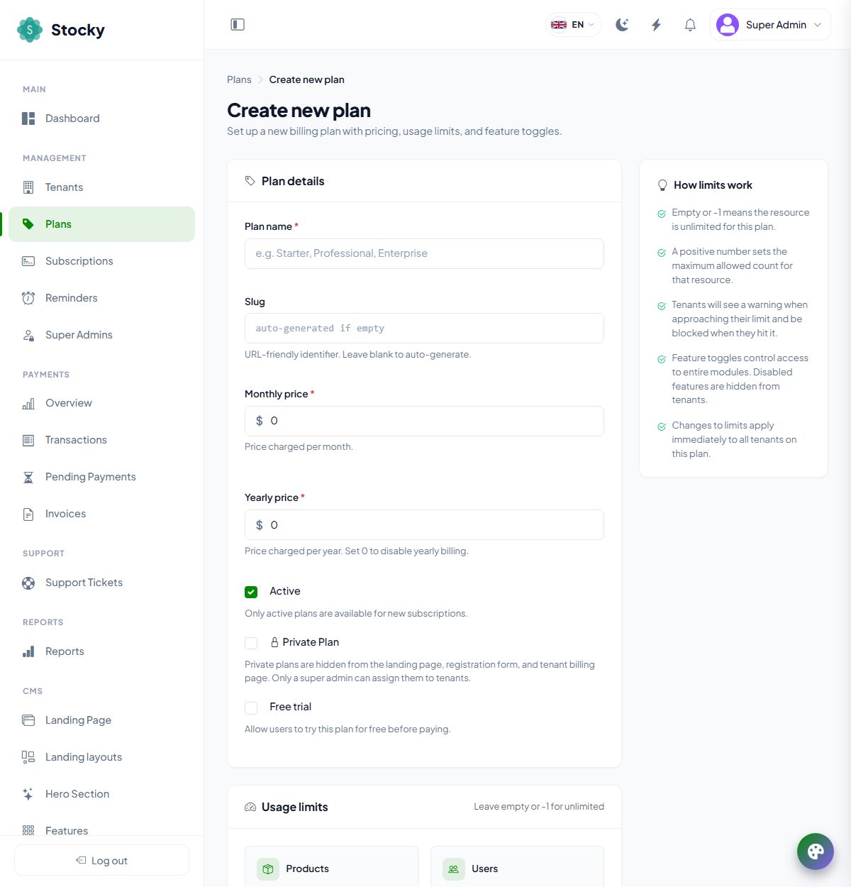 Create plan form