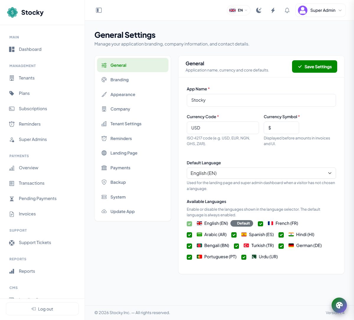 General settings