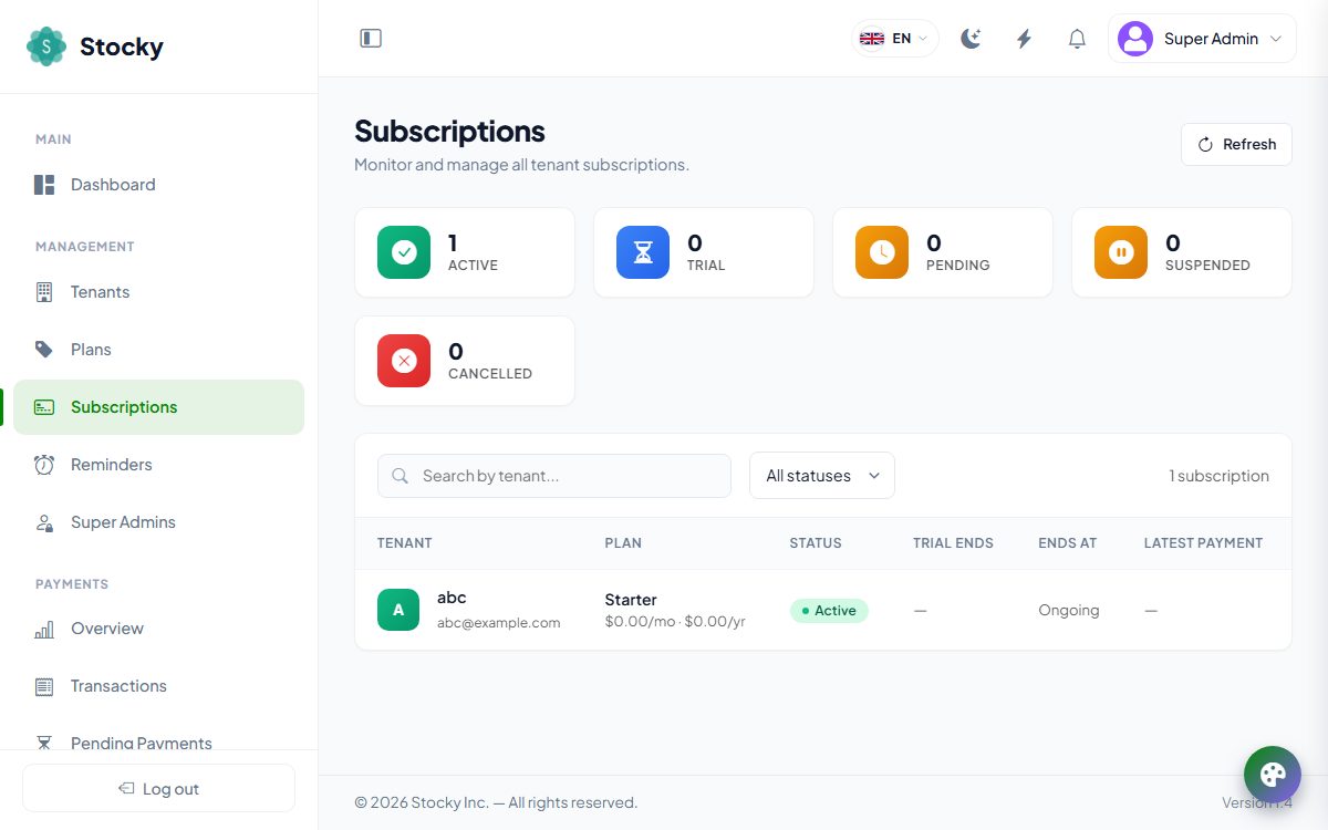 Subscriptions list