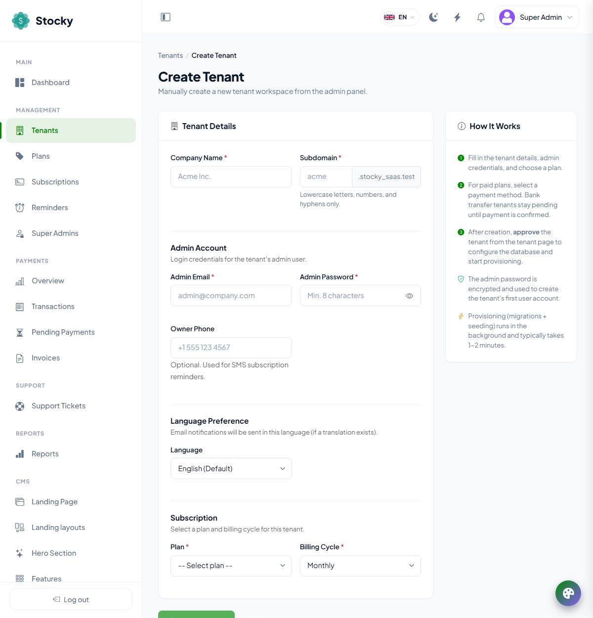 Create tenant form