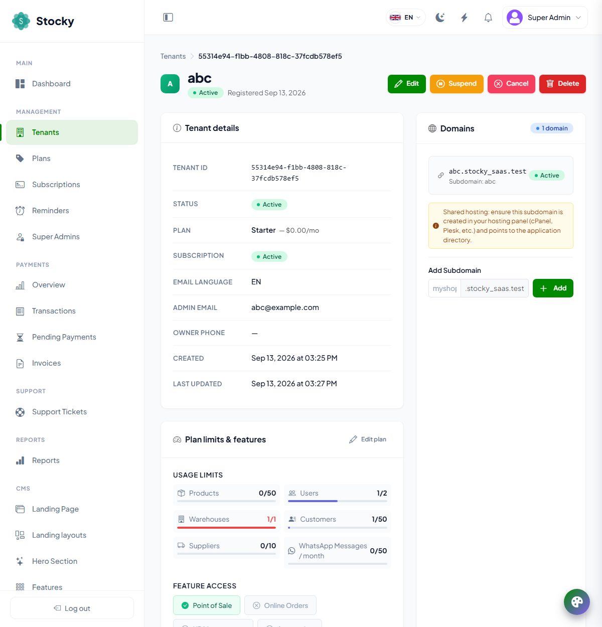 Tenant details page